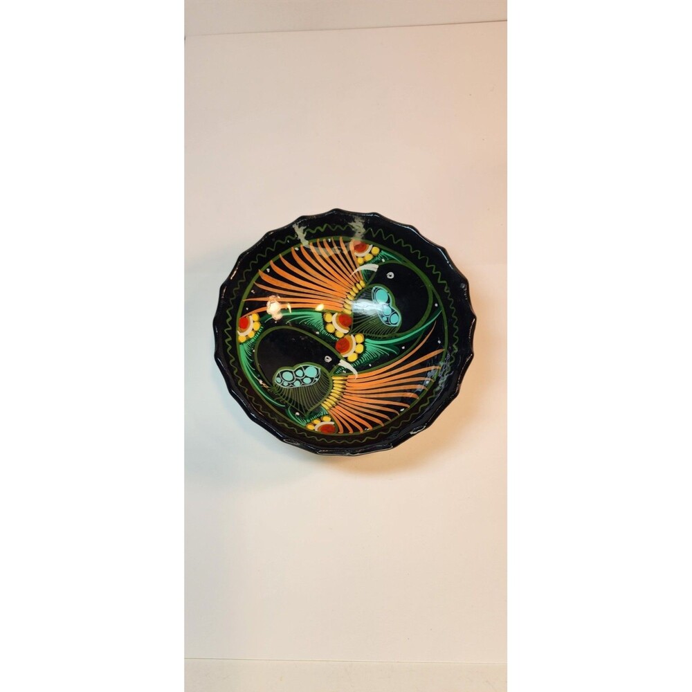 Vintage Colorful Birds Folk Art Pottery Footed Berry Bowl 5.25" Boho Trinkets